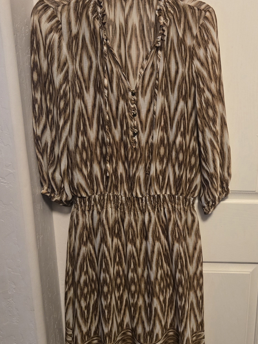 Brown Patterned V-Neck Women's Dress